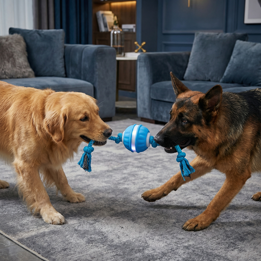 Durable Dog Play Ball with Motion Sensor and Tug Rope in Dog Colors